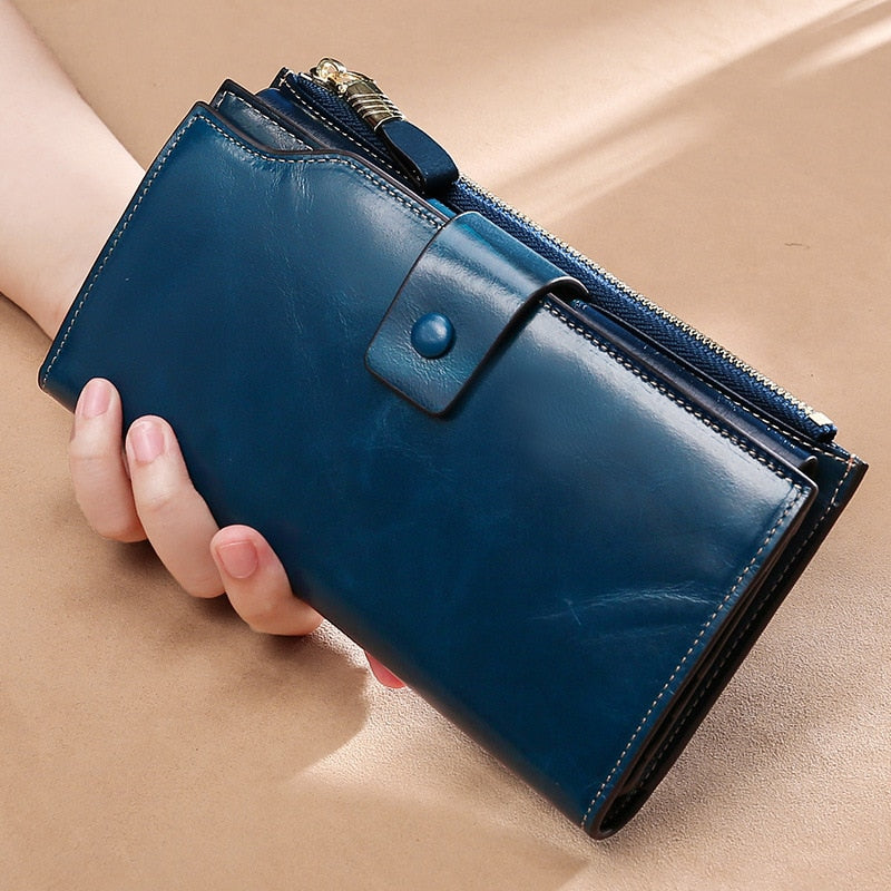 RFID Blocking Genuine Leather Women Wallet Long Lady Leather Purse Brand Design Luxury Oil Wax Leather Female Wallet Coin Purse The Good Home Store