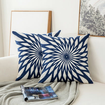 Home Decor Embroidered Cushion Cover Navy Blue/White Geometric Floral Canvas Cotton Suqare Embroidery Pillow Cover 45x45cm The Good Home Store