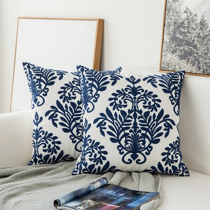 Home Decor Embroidered Cushion Cover Navy Blue/White Geometric Floral Canvas Cotton Suqare Embroidery Pillow Cover 45x45cm The Good Home Store