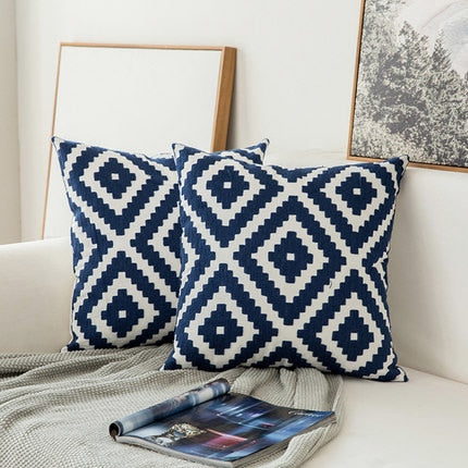 Home Decor Embroidered Cushion Cover Navy Blue/White Geometric Floral Canvas Cotton Suqare Embroidery Pillow Cover 45x45cm The Good Home Store