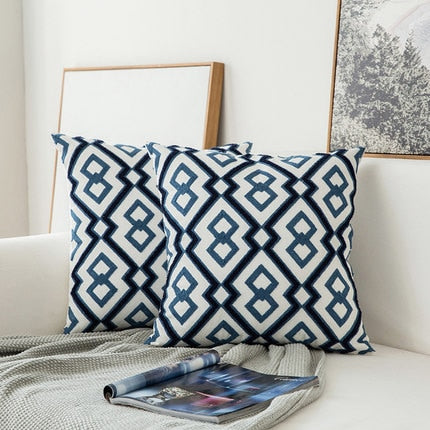 Home Decor Embroidered Cushion Cover Navy Blue/White Geometric Floral Canvas Cotton Suqare Embroidery Pillow Cover 45x45cm The Good Home Store