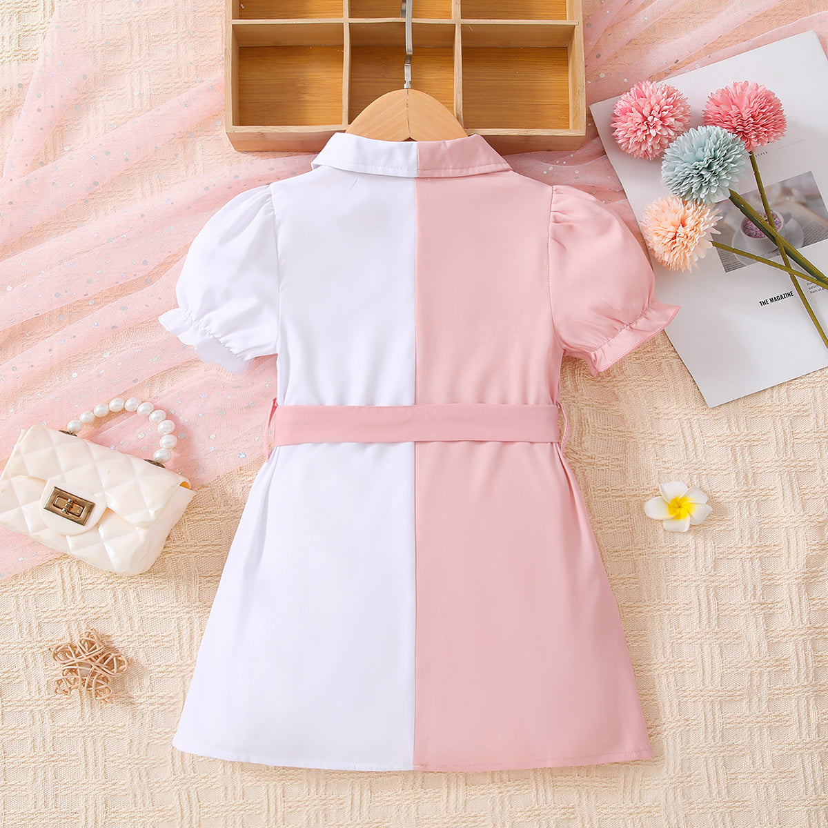 Girls Two-Tone Belted Shirt Dress Trendsi