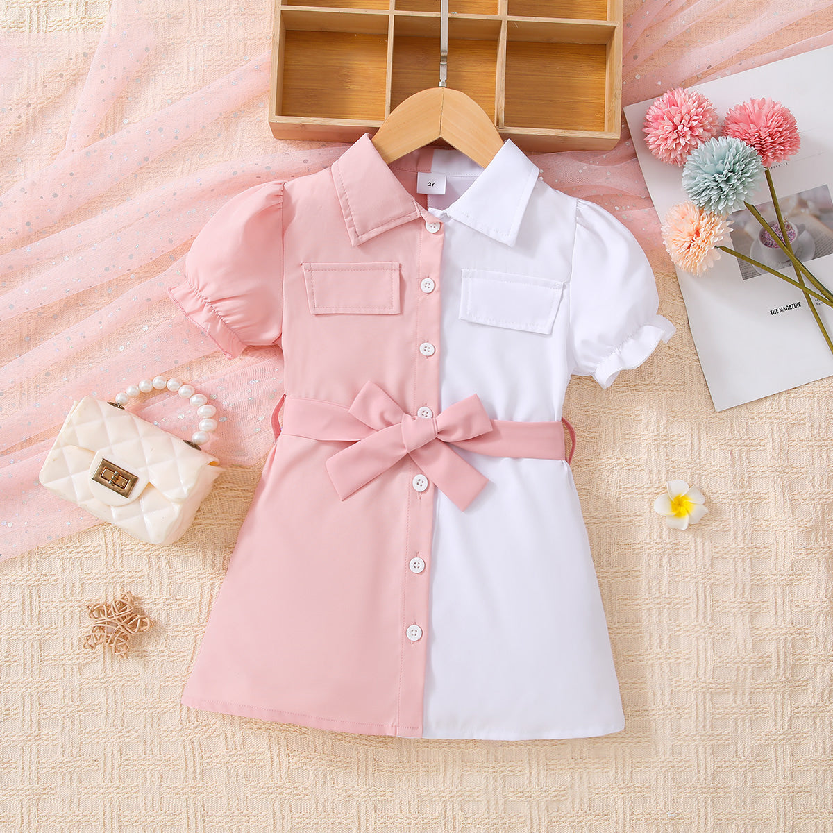 Girls Two-Tone Belted Shirt Dress Trendsi