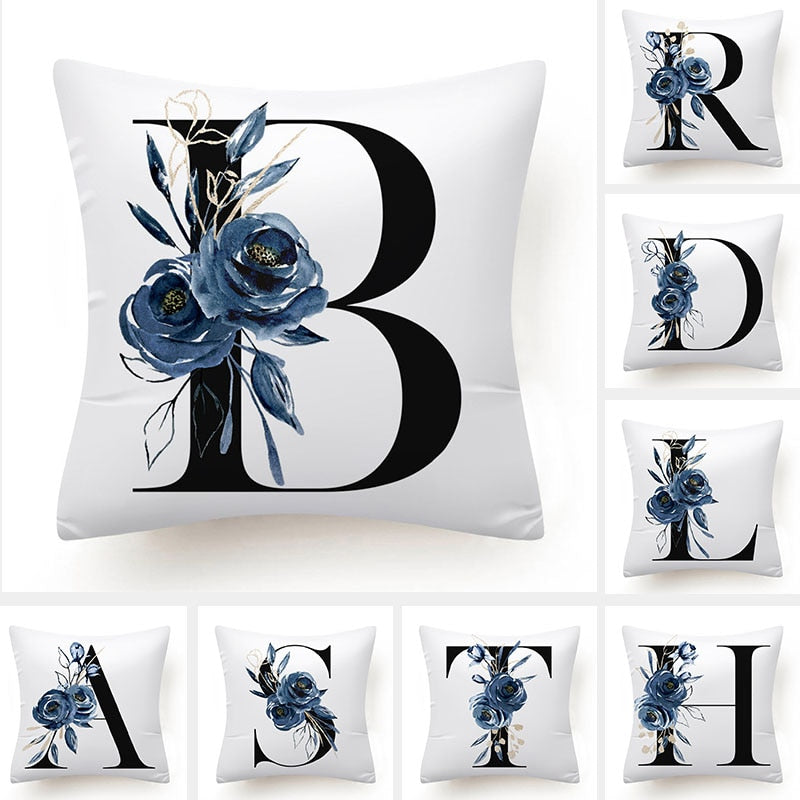 Floral Alphabet Cushion Cover 45x45 Blue Flowers Pillowcase Decorative Sofa Cushions Throw Pillows Cover Home Decor Pillow Cases The Good Home Store