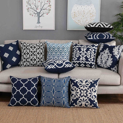 Home Decor Embroidered Cushion Cover Navy/White Pillowcase Canvas Cotton Square Embroidery Pillow Cover 45x45cm Quatrefoil The Good Home Store