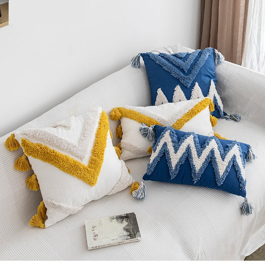 Handmade Cushion Cover Moroccan Style Abstract Zigzag Navy Blue Pillowcase Tassels Fringe Square Rectangle Pillow Cover 45x45cm/30x50cm Home Decoration Mustard The Good Home Store