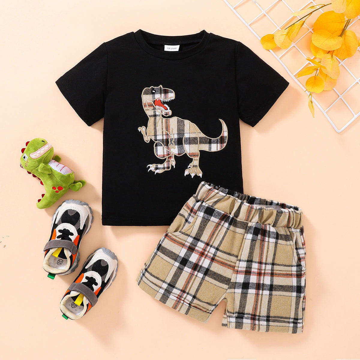 Kids Dinosaur Graphic Tee and Plaid Shorts Set Trendsi